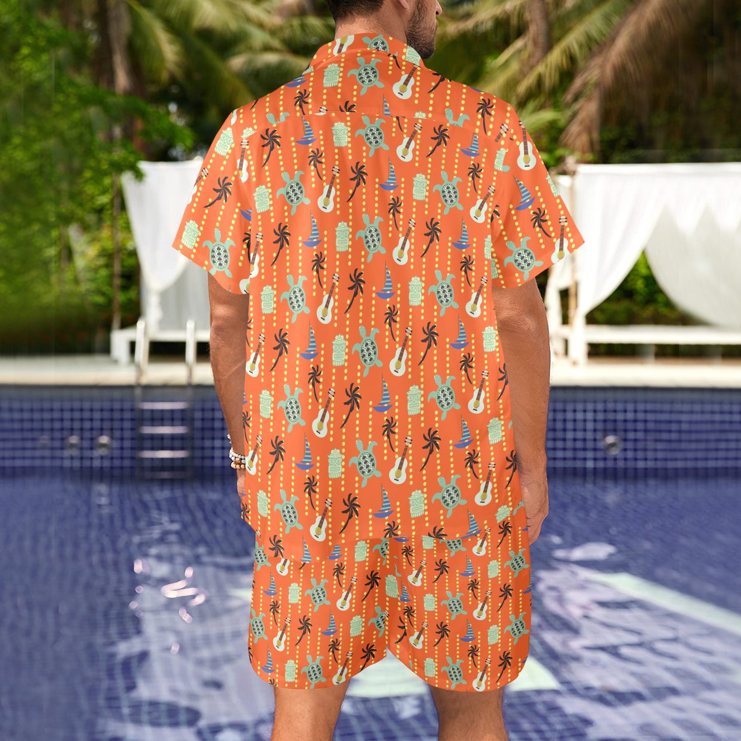 Ukulele Print Design LKS402 Men's Beach Shirt and Shorts Set