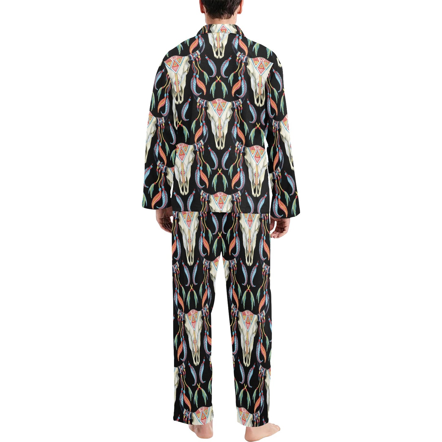 Buffalo Head Boho Style Pattern Print Design 01 Men's Long Pajama Set