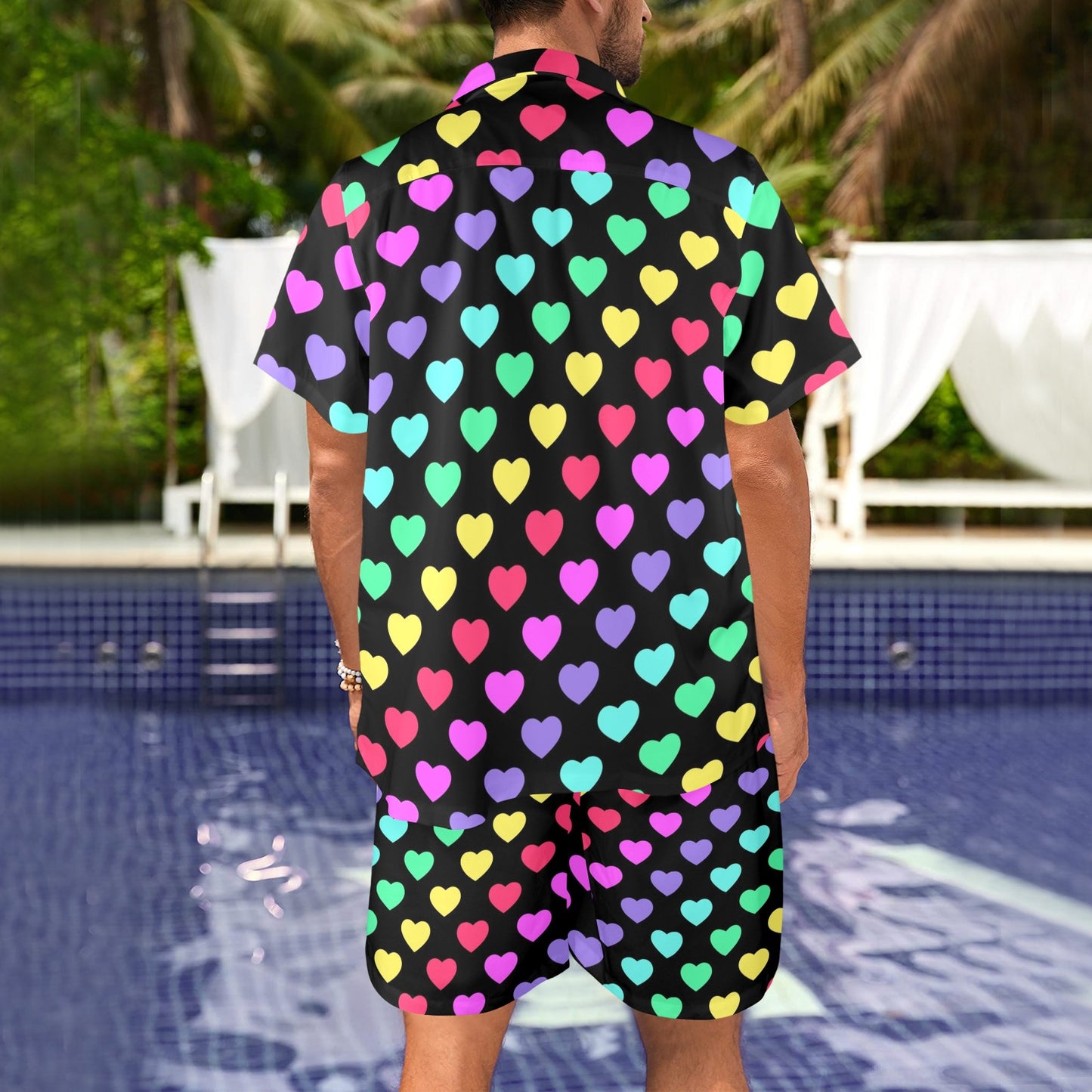 Heart Rainbow Pattern Print Design HE02 Men's Beach Shirt and Shorts Set