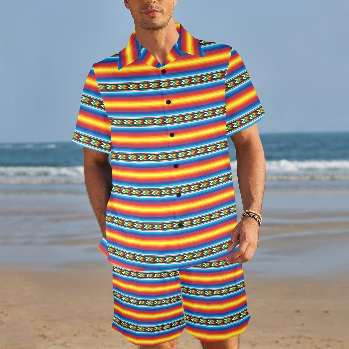 Mexican Blanket ZigZag Print Pattern Men's Beach Shirt and Shorts Set