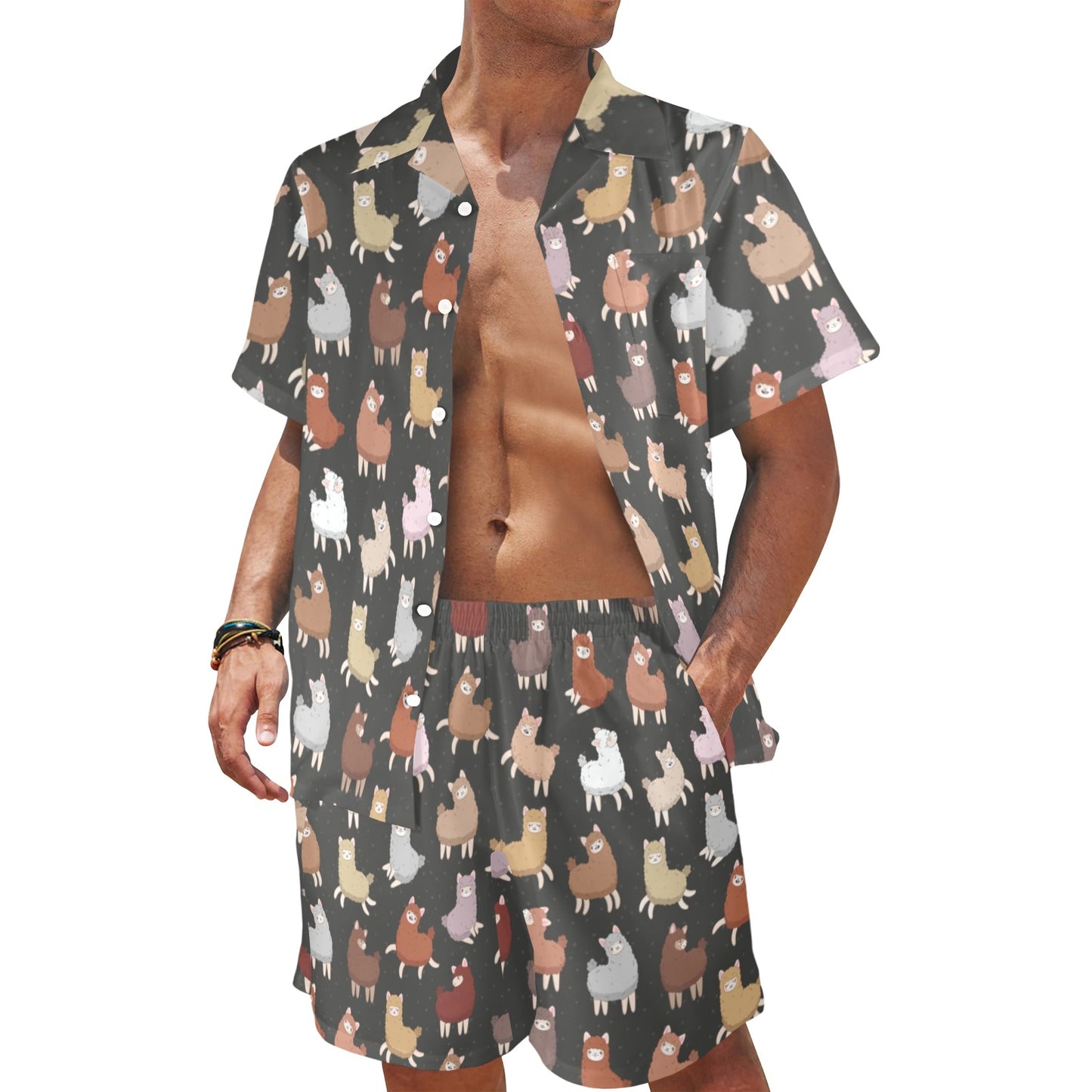 Alpaca Cute Design Themed Print Men's Beach Shirt and Shorts Set