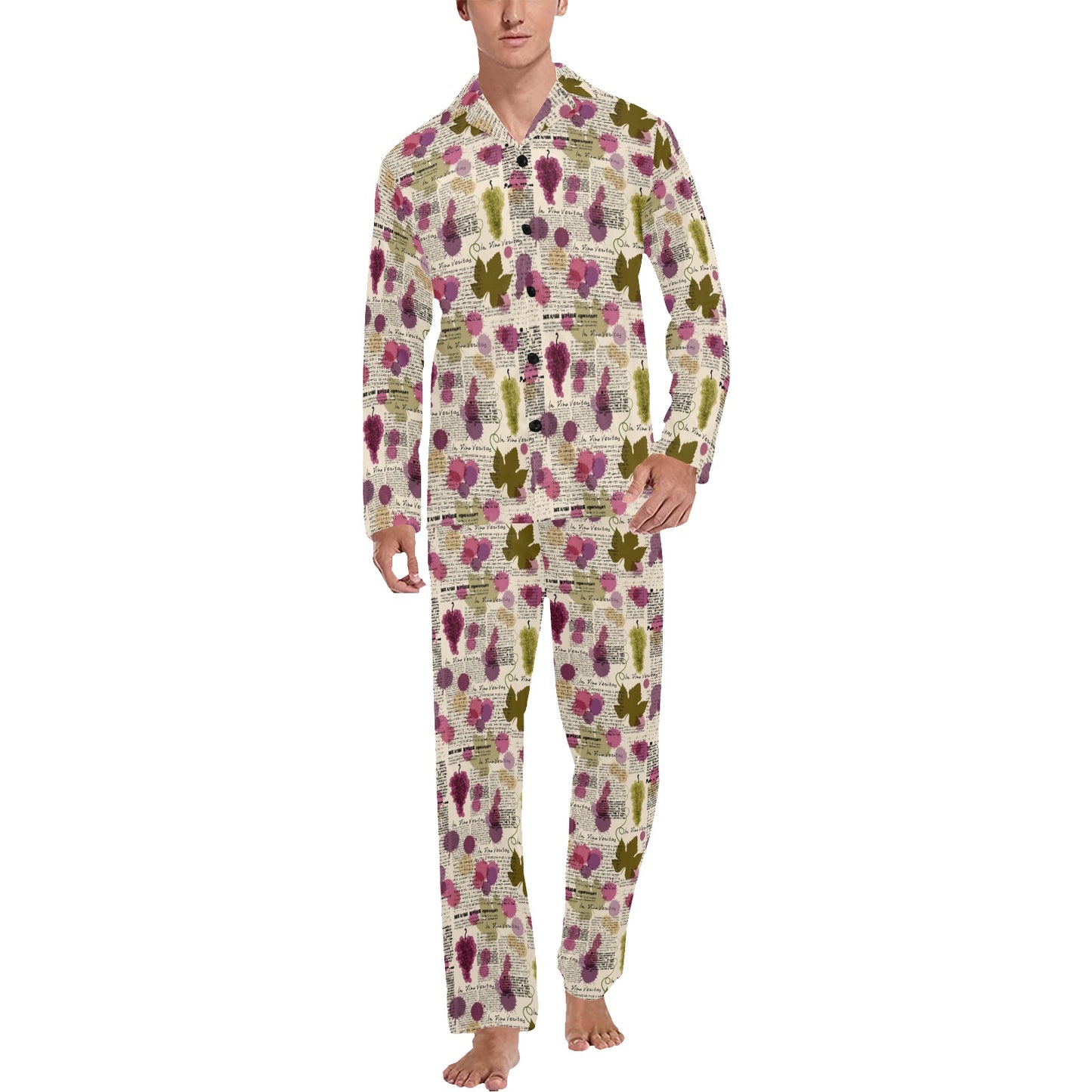 Wine Style Design Print Men's Long Pajama Set