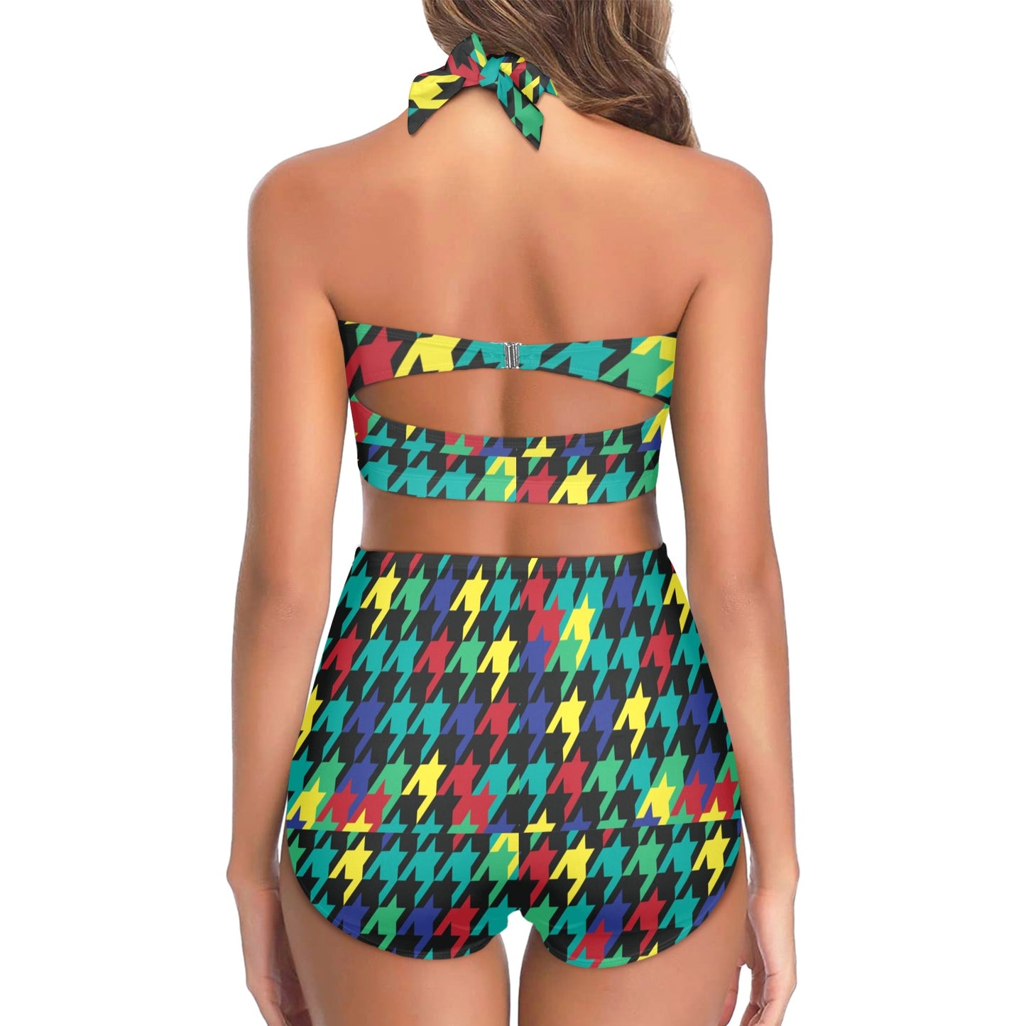 Houndstooth Colorful Pattern Print Design 02 Halter Neck Bikini Swimsuit