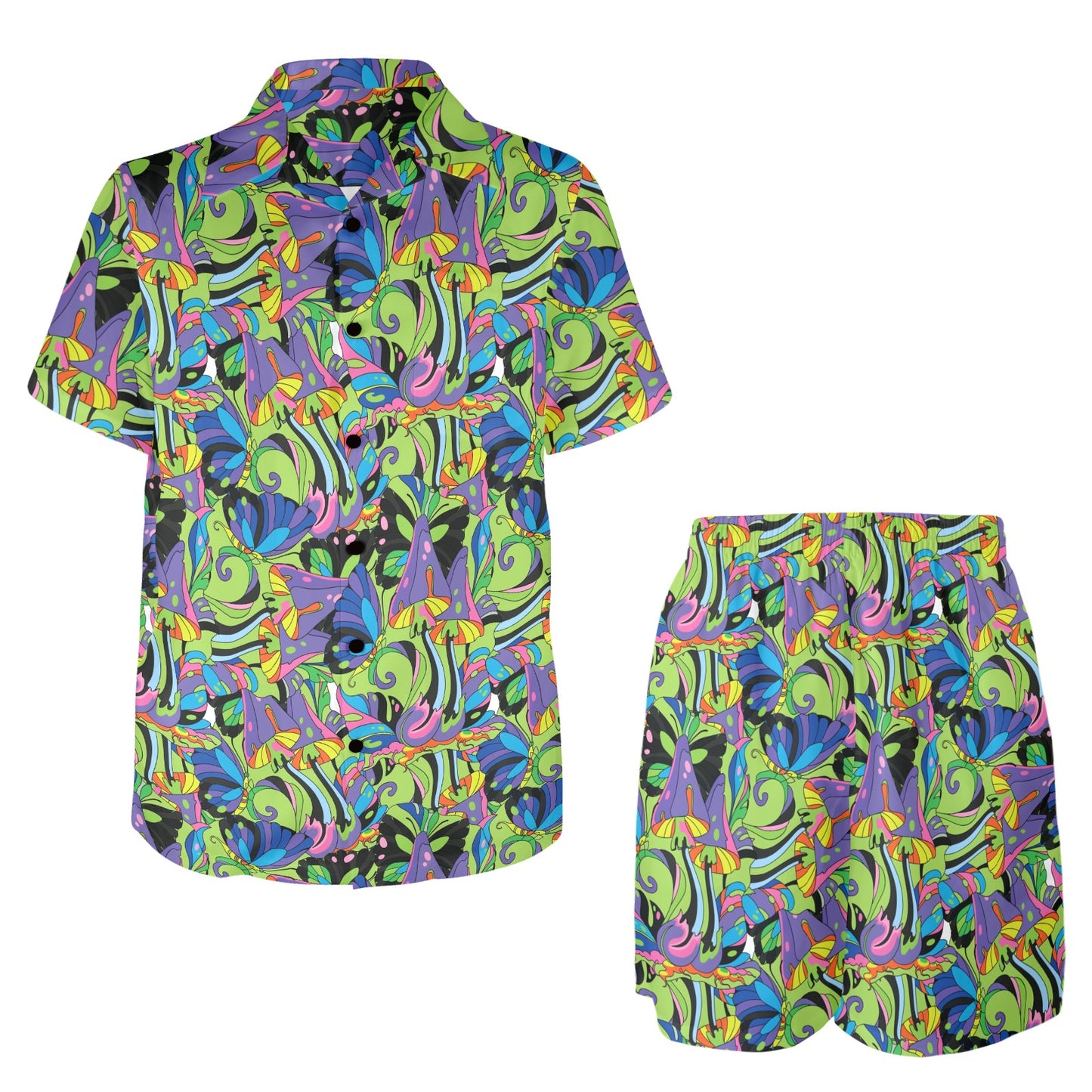 Psychedelic Trippy Mushroom Themed Men's Beach Shirt and Shorts Set