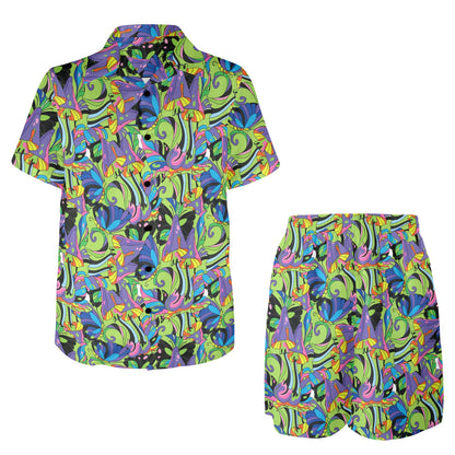 Psychedelic Trippy Mushroom Themed Men's Beach Shirt and Shorts Set