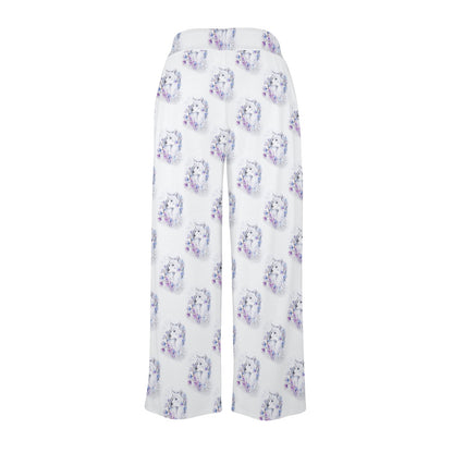 Wolf with Flower Print Design Women's Wide Leg Lounge Pants