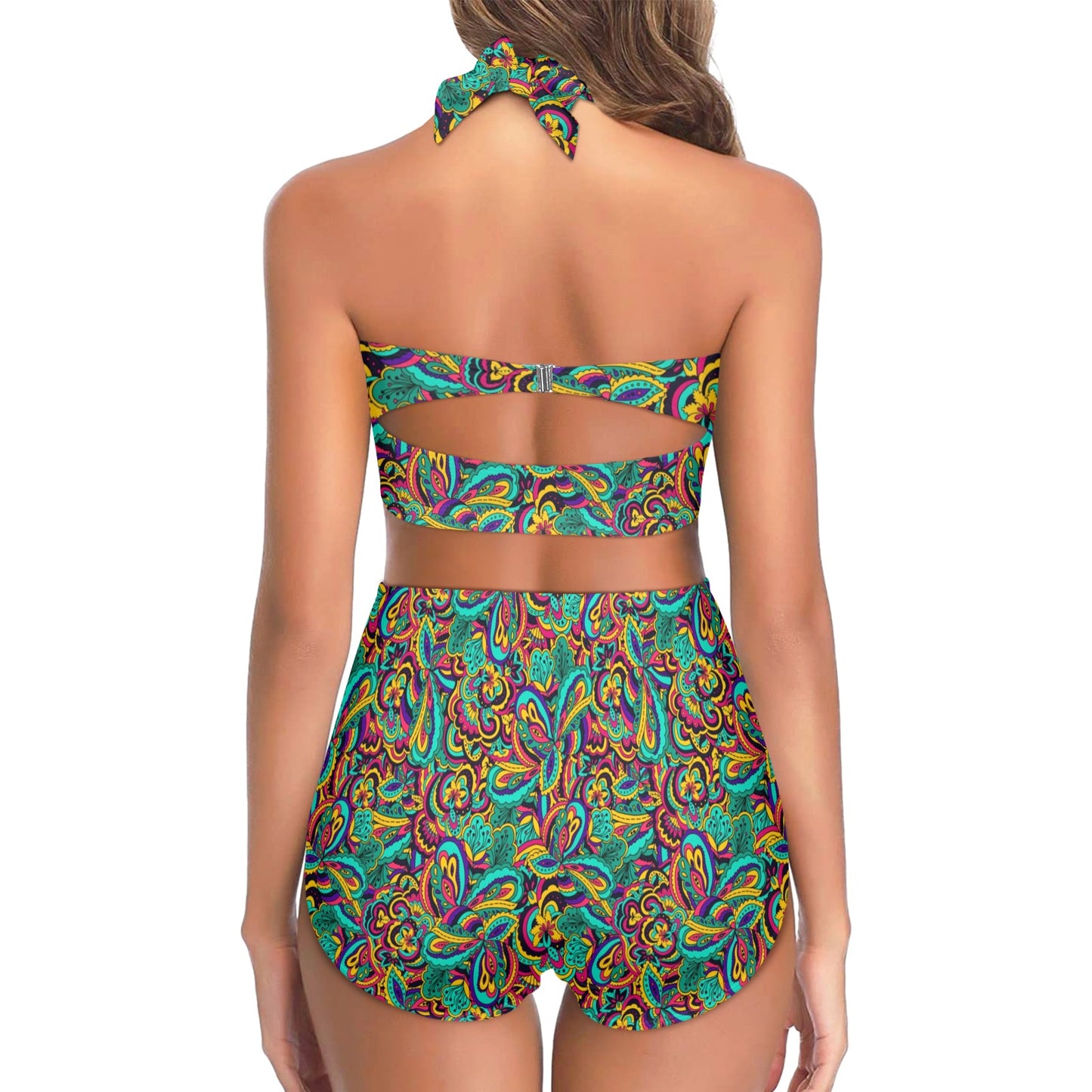 Psychedelic Trippy Floral Design Halter Neck Bikini Swimsuit