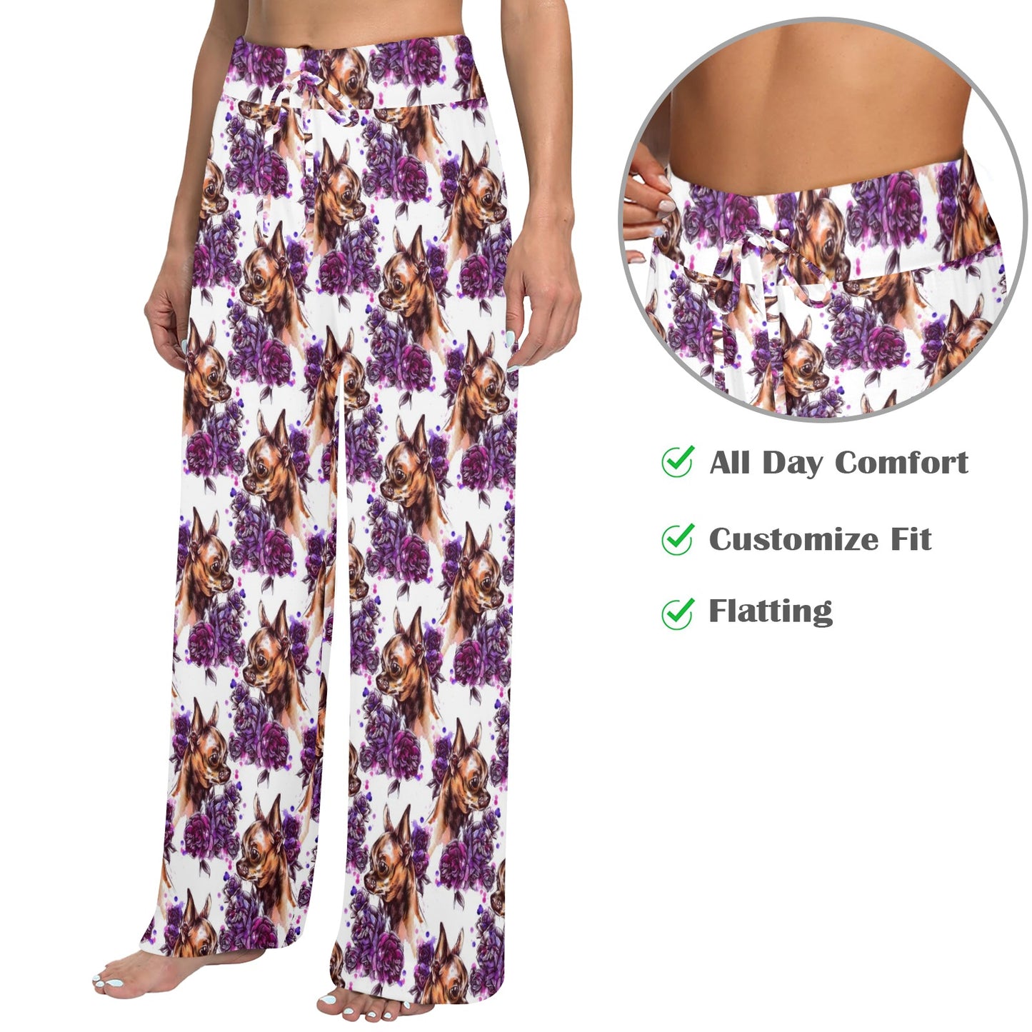 Chihuahua Purple Floral Women's Wide Leg Lounge Pants