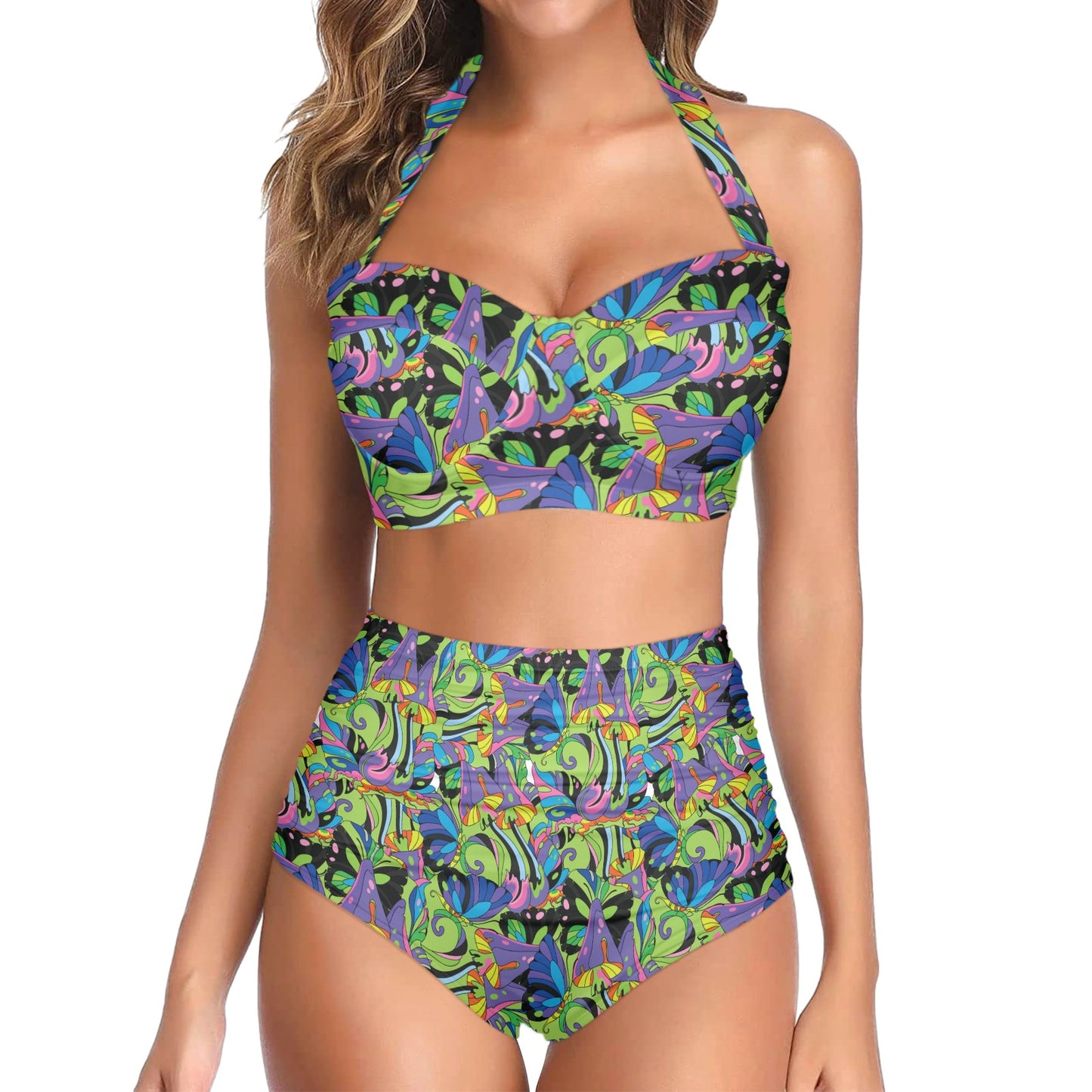 Psychedelic Trippy Mushroom Themed Halter Neck Bikini Swimsuit