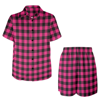 Pink Tartan Plaid Pattern Men's Beach Shirt and Shorts Set