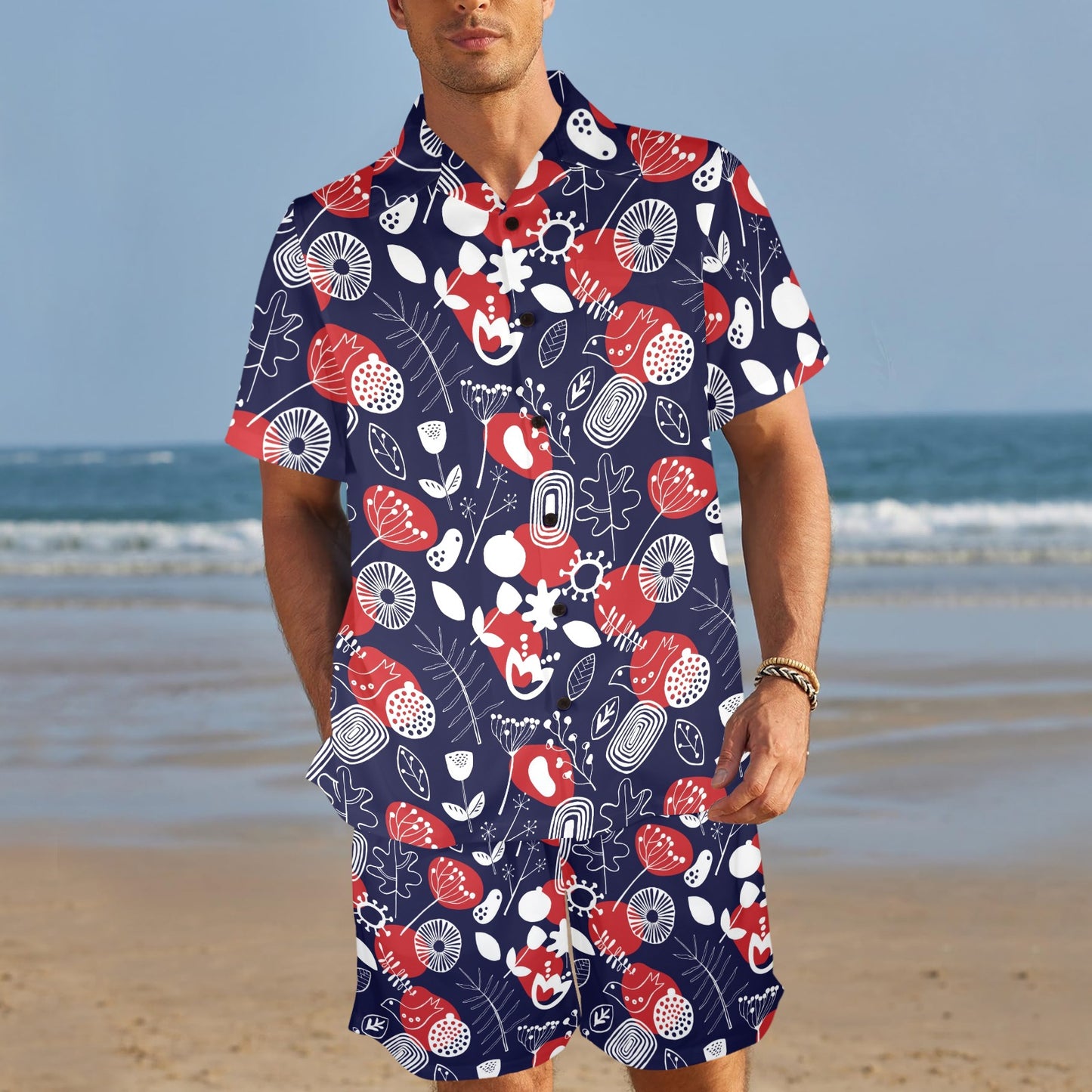 Nordic Pattern Print Design A02 Men's Beach Shirt and Shorts Set