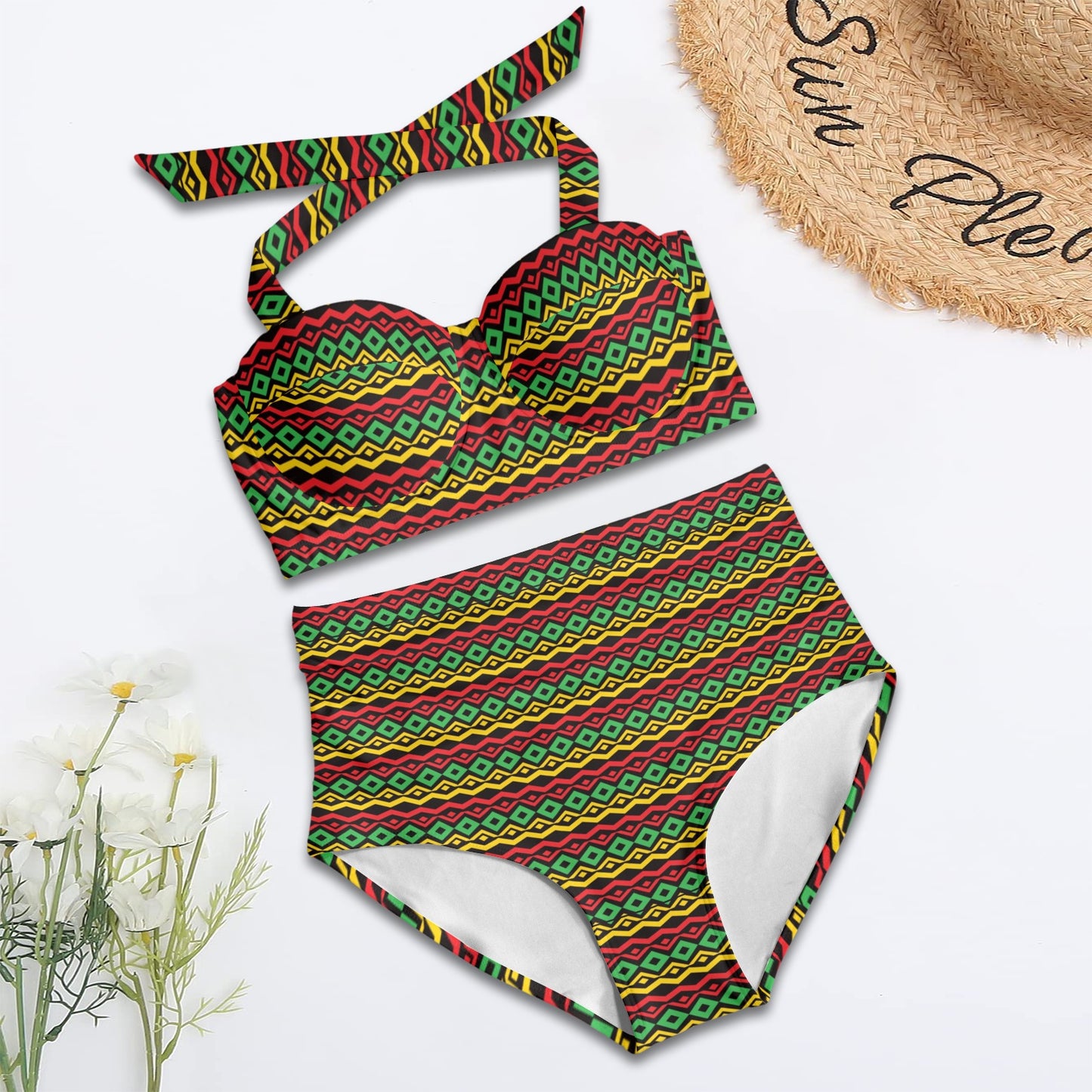 Rasta Reggae Color Themed Halter Neck Bikini Swimsuit