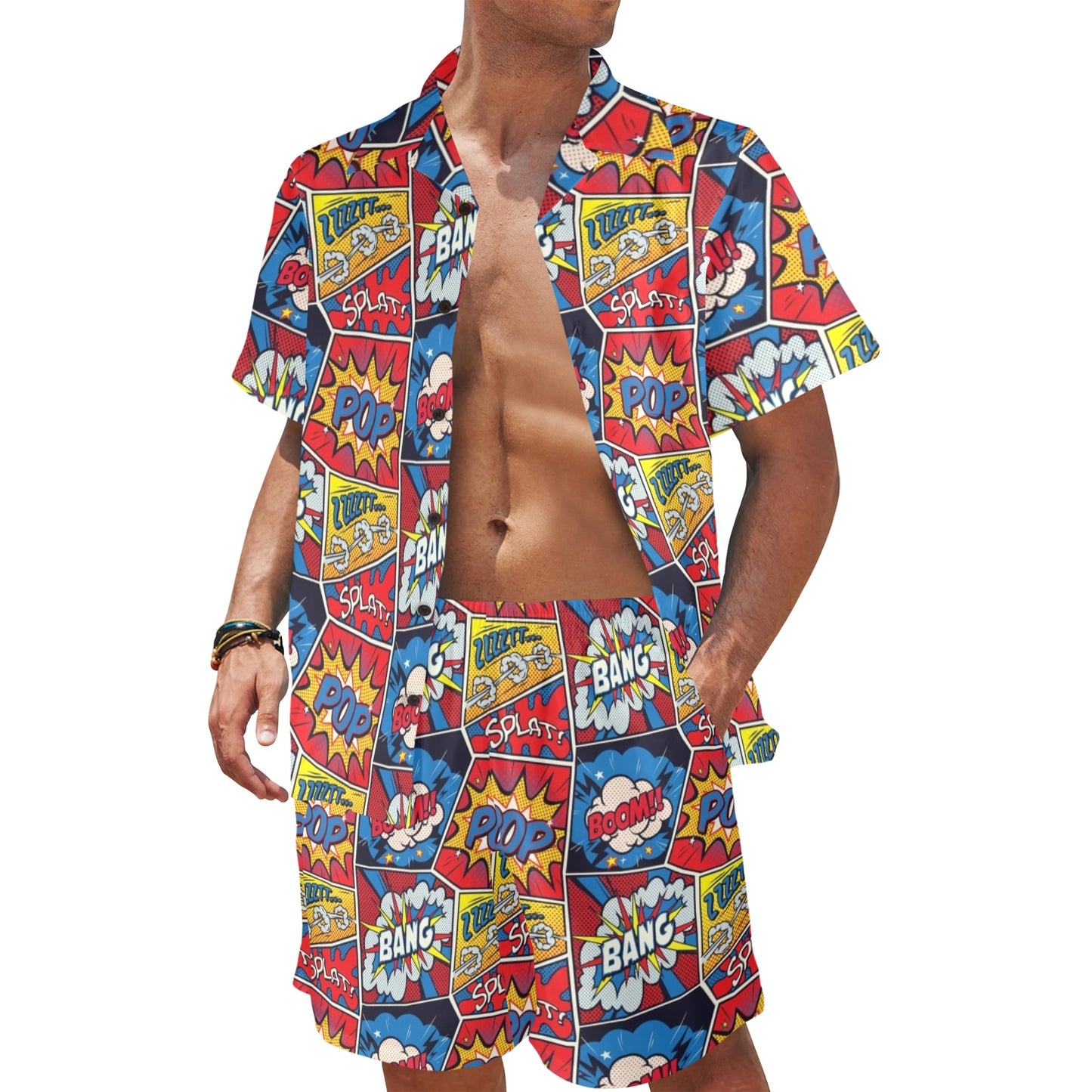 Comic Book Pattern Print Design 03 Men's Beach Shirt and Shorts Set