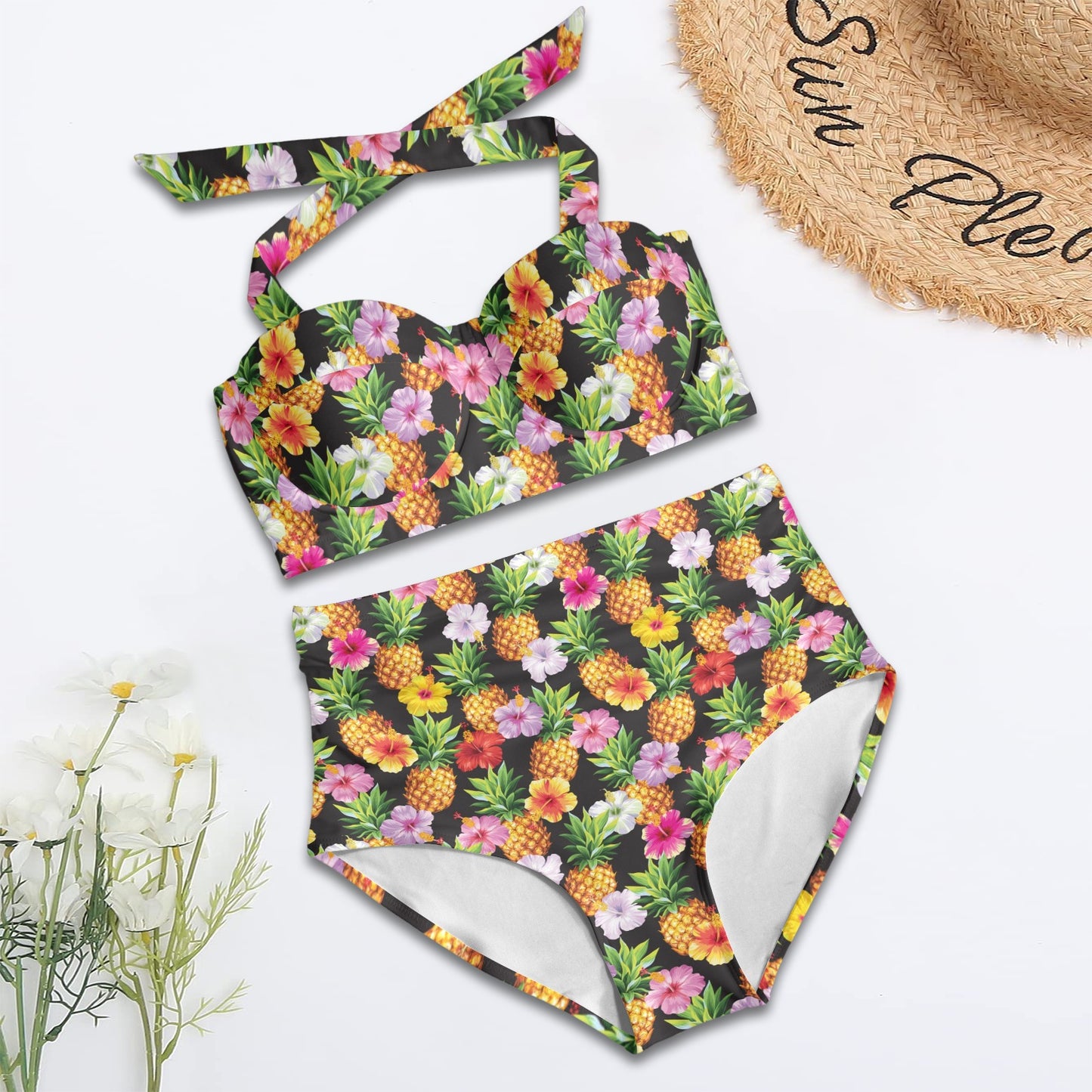Pineapple Hibiscus Halter Neck Bikini Swimsuit
