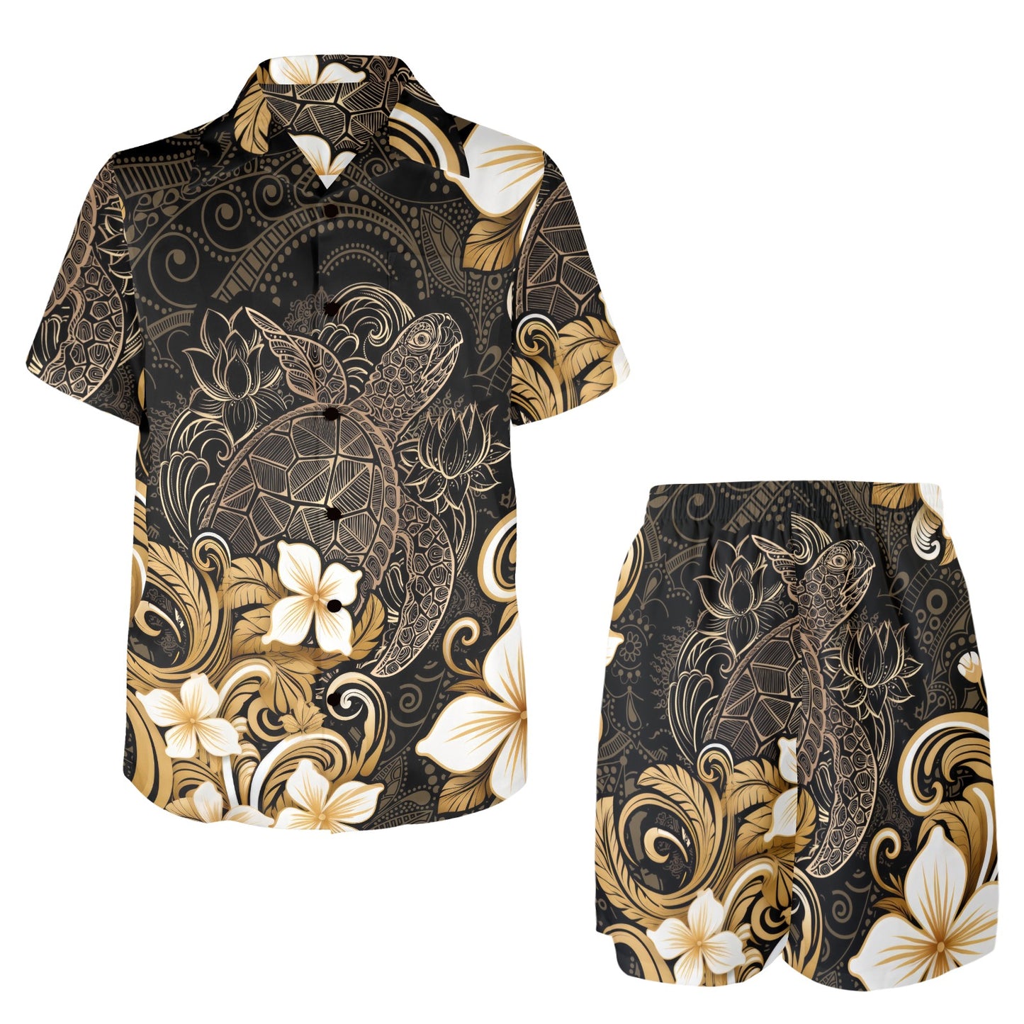 Polynesian Plumeria Sea Turtle Men's Beach Shirt and Shorts Set