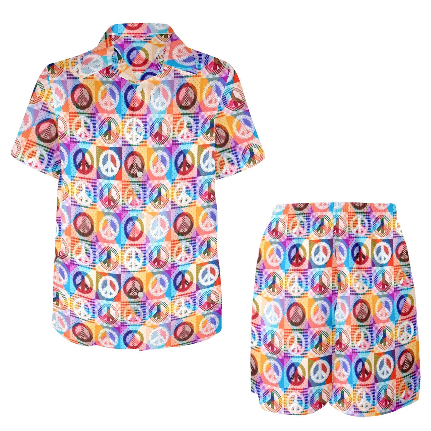 Peace Sign Patchwork Design Print Men's Beach Shirt and Shorts Set