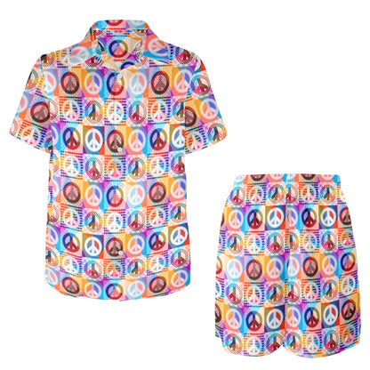 Peace Sign Patchwork Design Print Men's Beach Shirt and Shorts Set
