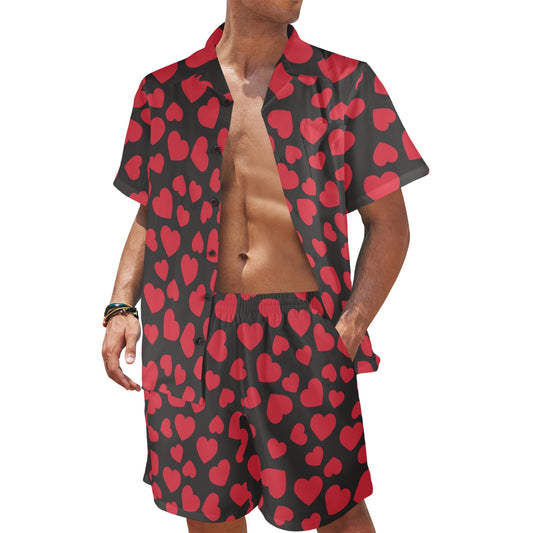 Heart Red Pattern Print Design HE01 Men's Beach Shirt and Shorts Set