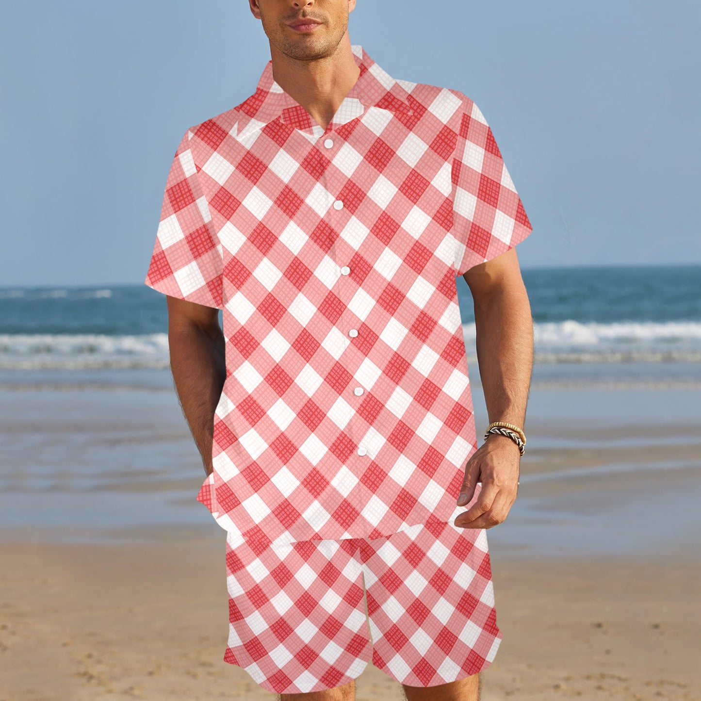 Gingham Red Pattern Print Design 01 Men's Beach Shirt and Shorts Set