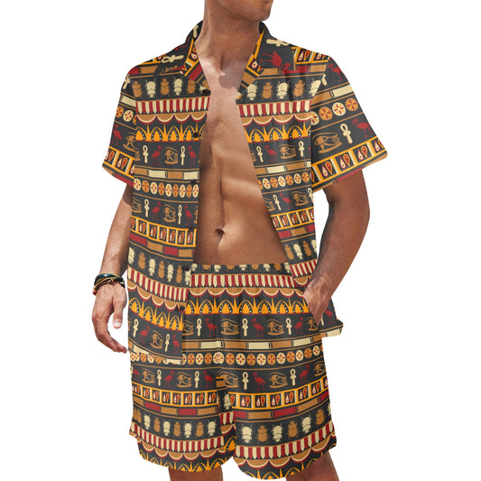 egyptian Design Print Pattern JJ0173 Men's Beach Shirt and Shorts Set