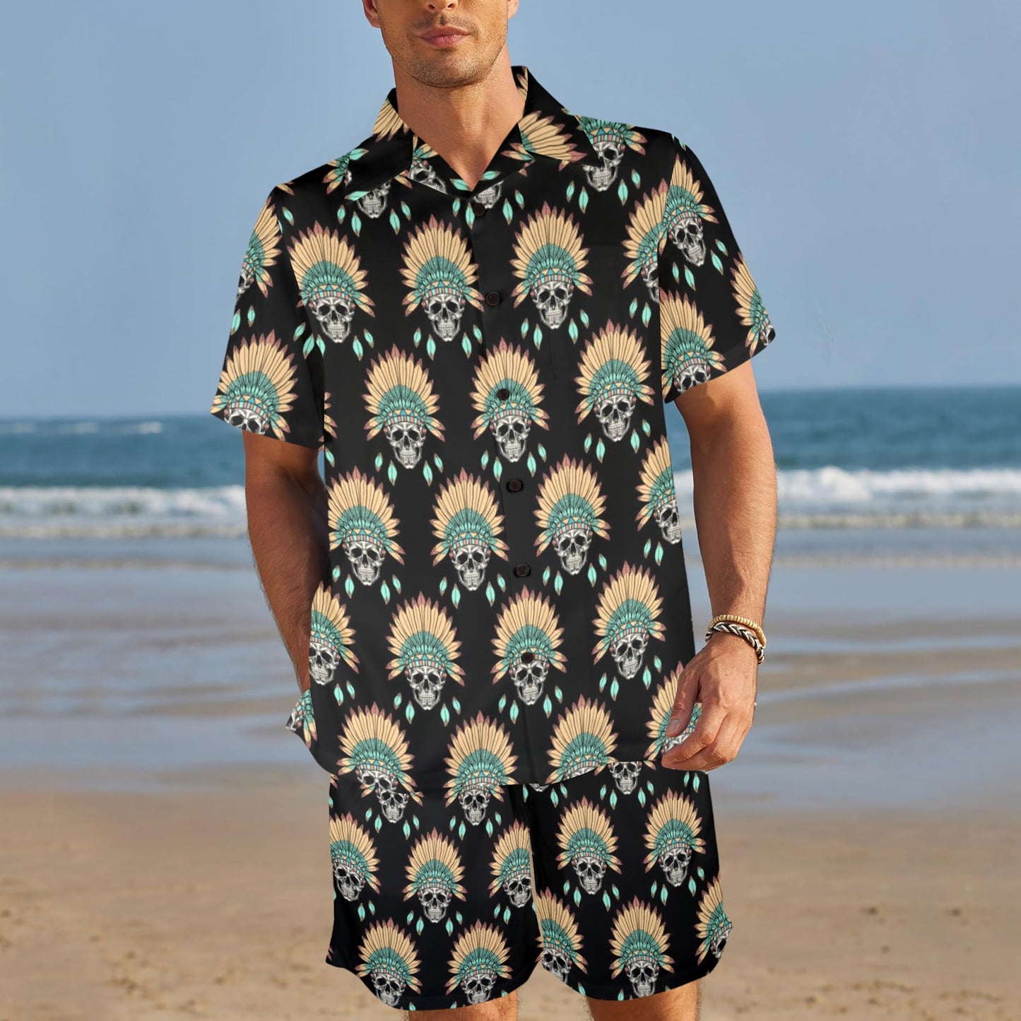 American indian Skull Pattern Men's Beach Shirt and Shorts Set