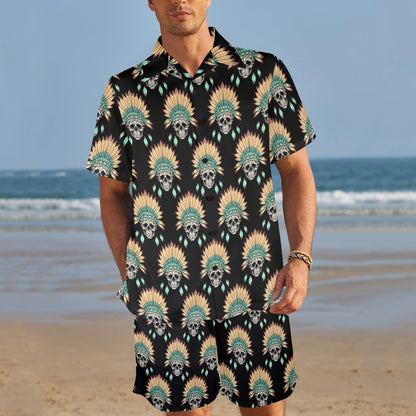 American indian Skull Pattern Men's Beach Shirt and Shorts Set