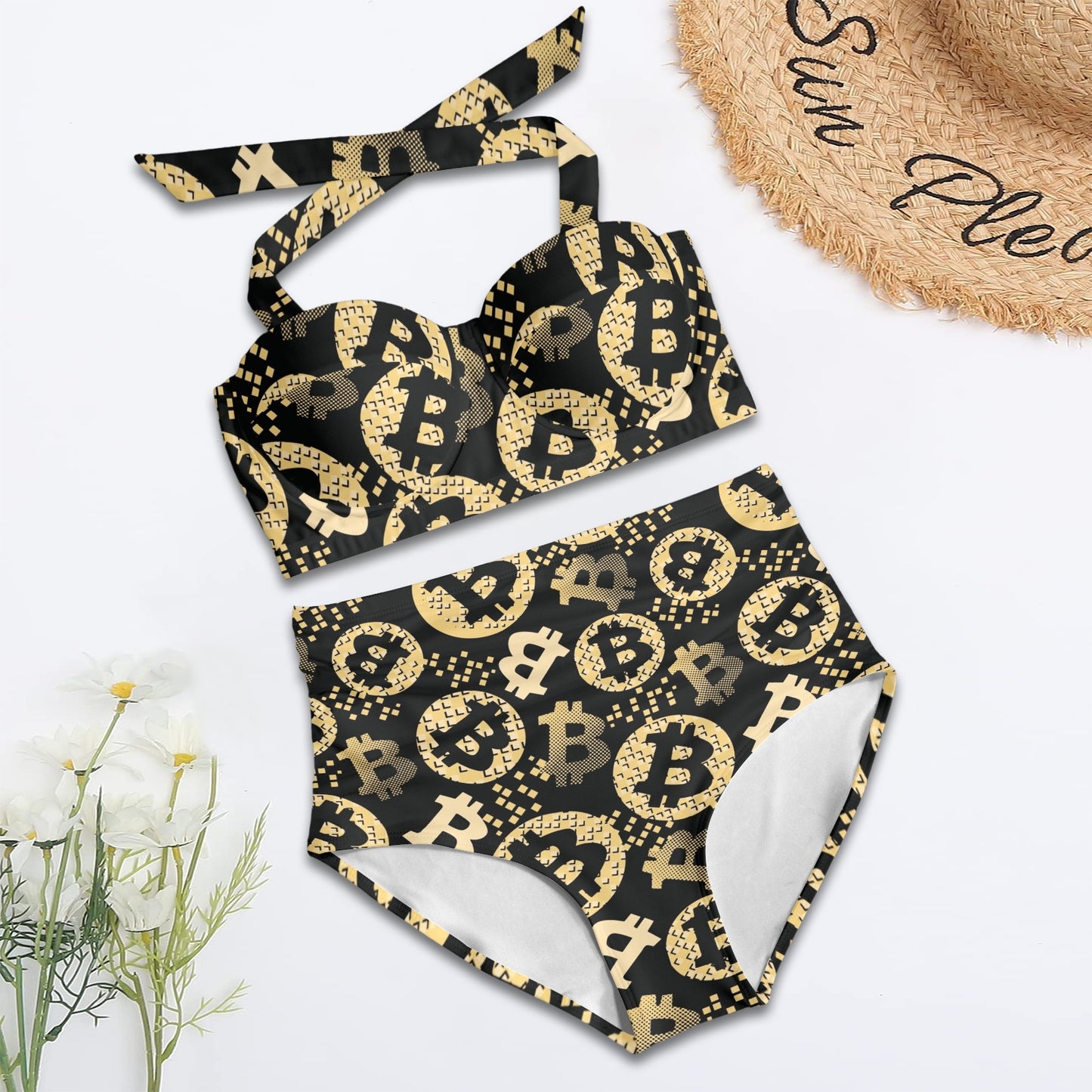 Bitcoin Pattern Print Design DO06 Halter Neck Bikini Swimsuit