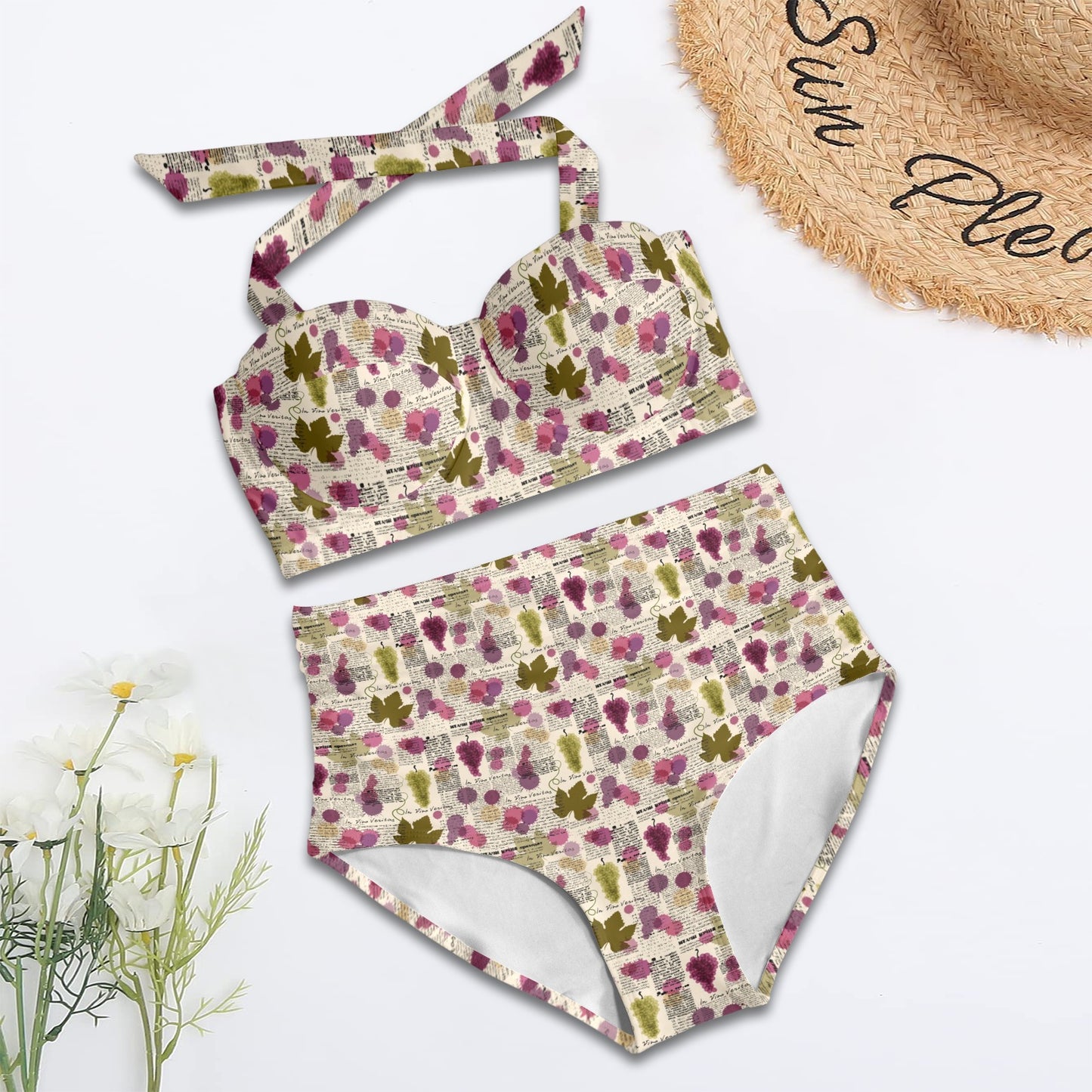 Wine Style Design Print Halter Neck Bikini Swimsuit