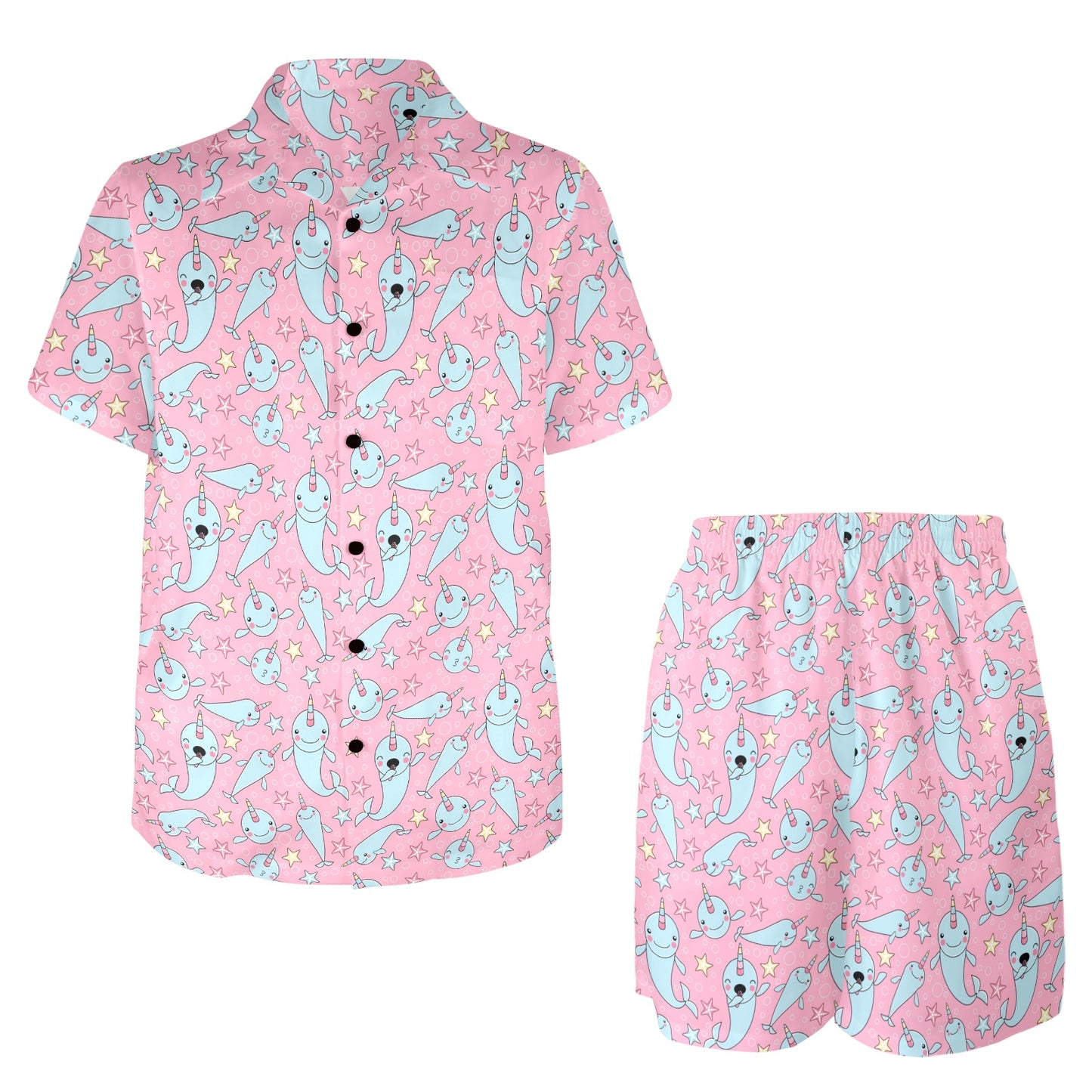 Narwhal Cartoon Cute Print Men's Beach Shirt and Shorts Set