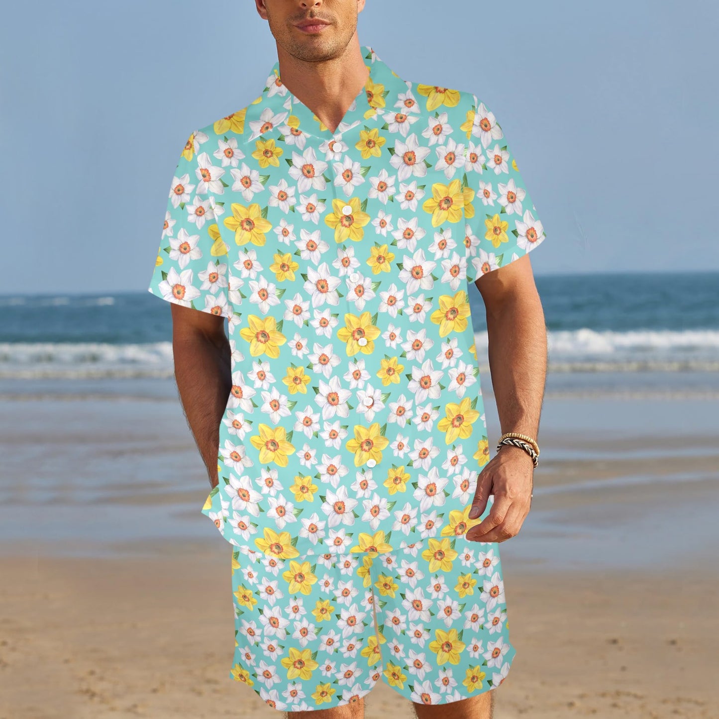 Daffodils Pattern Print Design 02 Men's Beach Shirt and Shorts Set