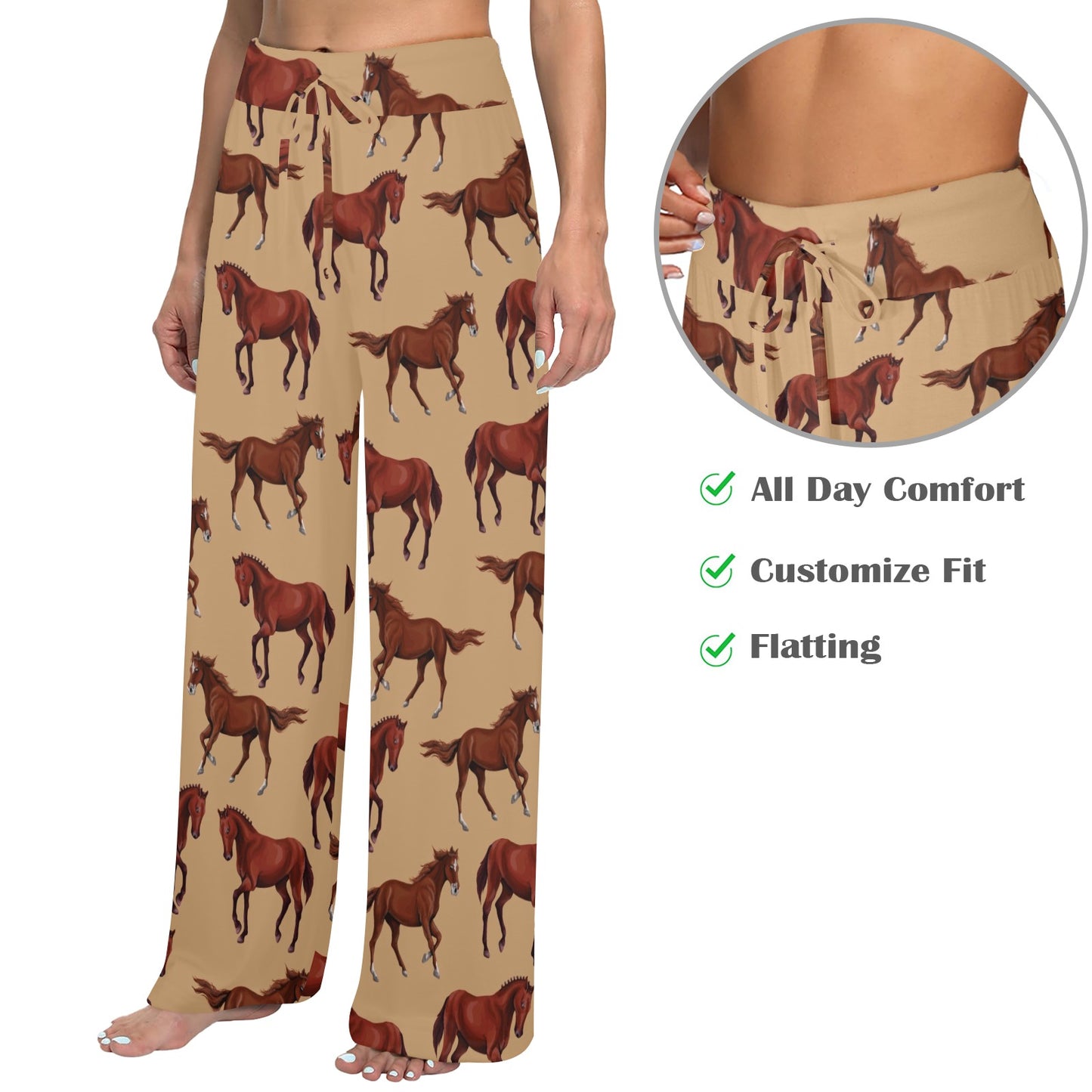 Brown Horse Print Pattern Women's Wide Leg Lounge Pants