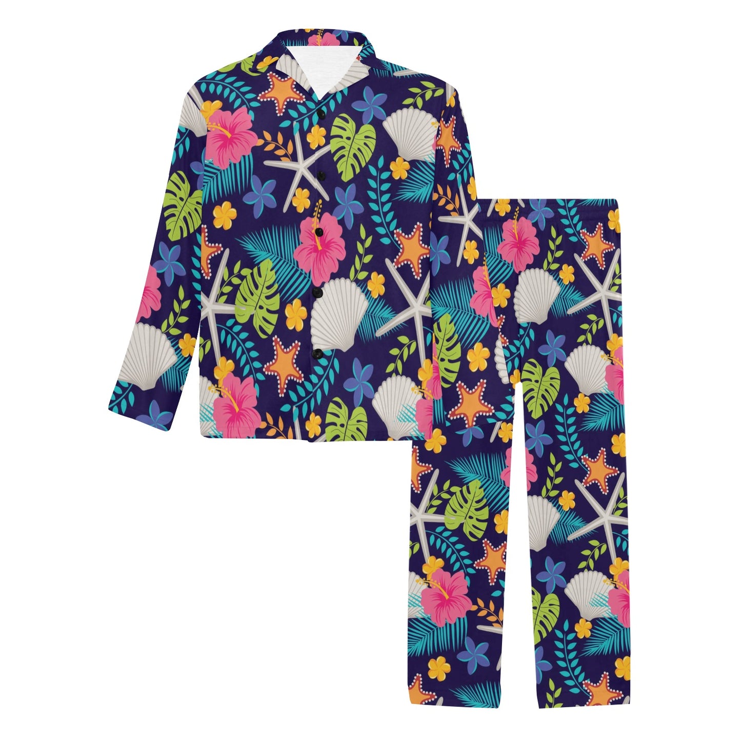 Beach Seashell Floral Theme Men's Long Pajama Set