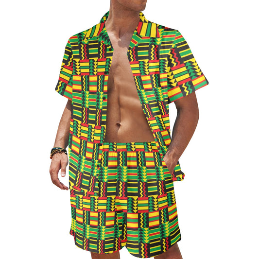 African Zip Zag Print Pattern Men's Beach Shirt and Shorts Set