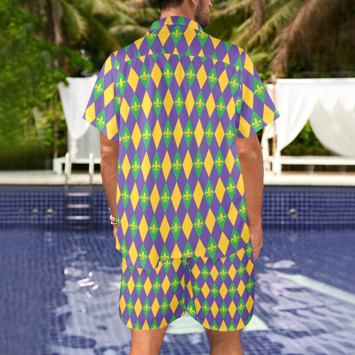 Mardi Gras Pattern Print Design 05 Men's Beach Shirt and Shorts Set