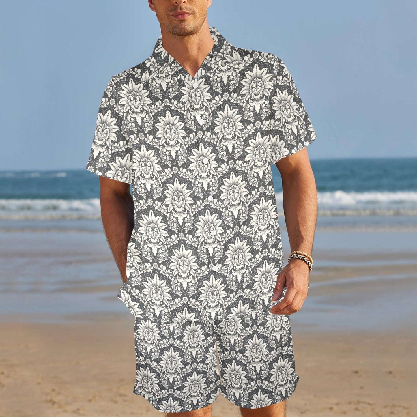 Damask Elegant Print Pattern Men's Beach Shirt and Shorts Set