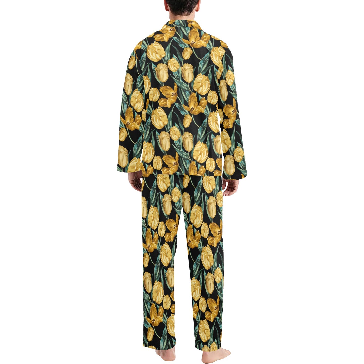 Elegant Yellow Tulip Print Men's Long Pajama Set