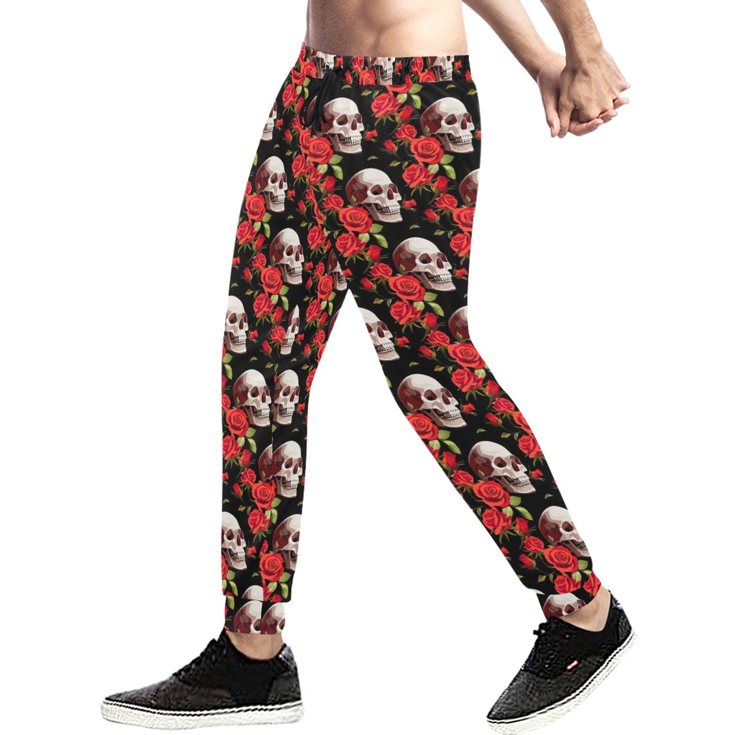 Red Rose Skull Design Print Men's Sweatpants