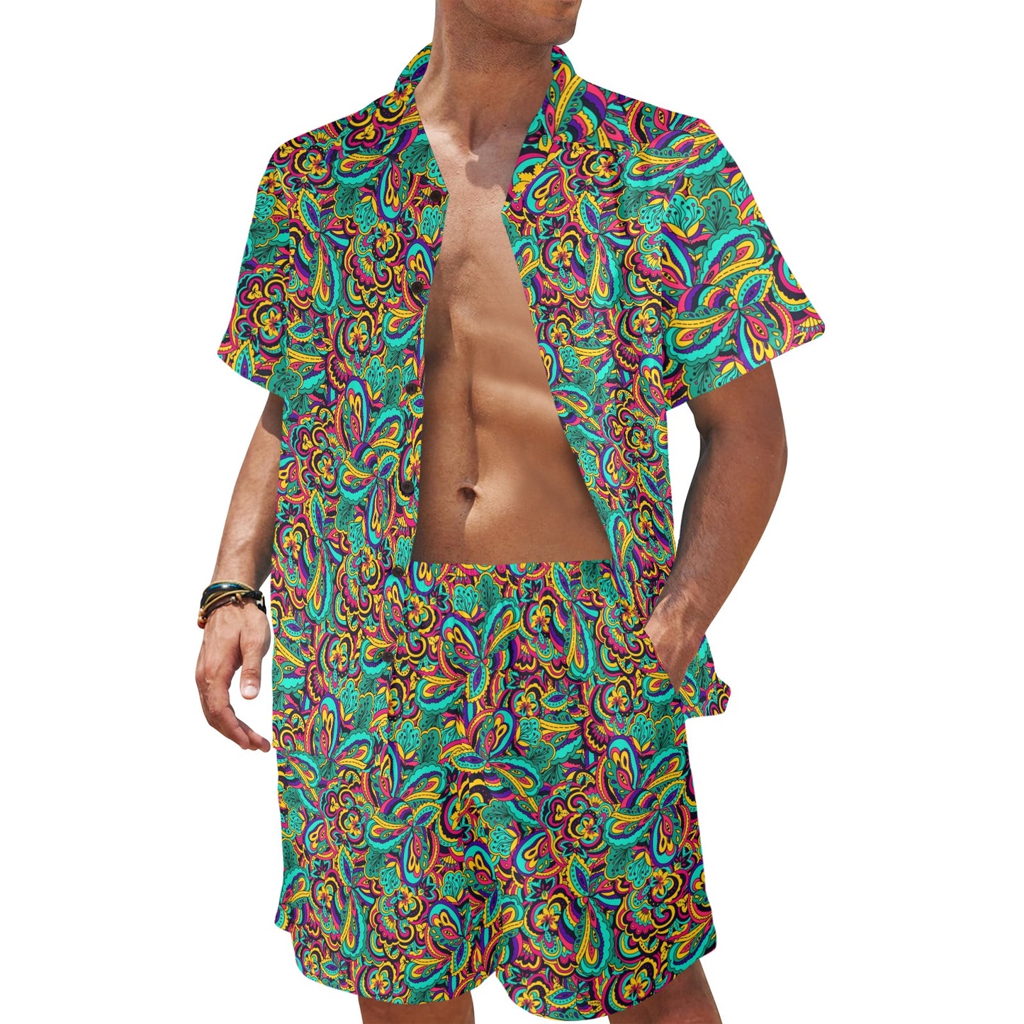 Psychedelic Trippy Floral Design Men's Beach Shirt and Shorts Set