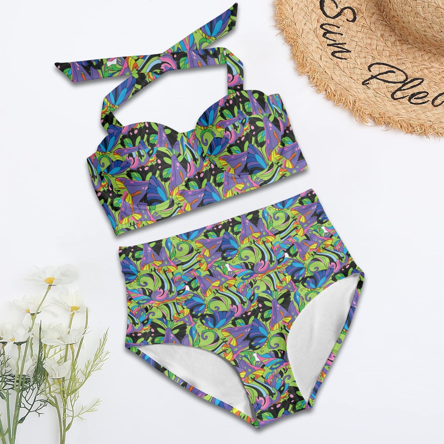 Psychedelic Trippy Mushroom Themed Halter Neck Bikini Swimsuit