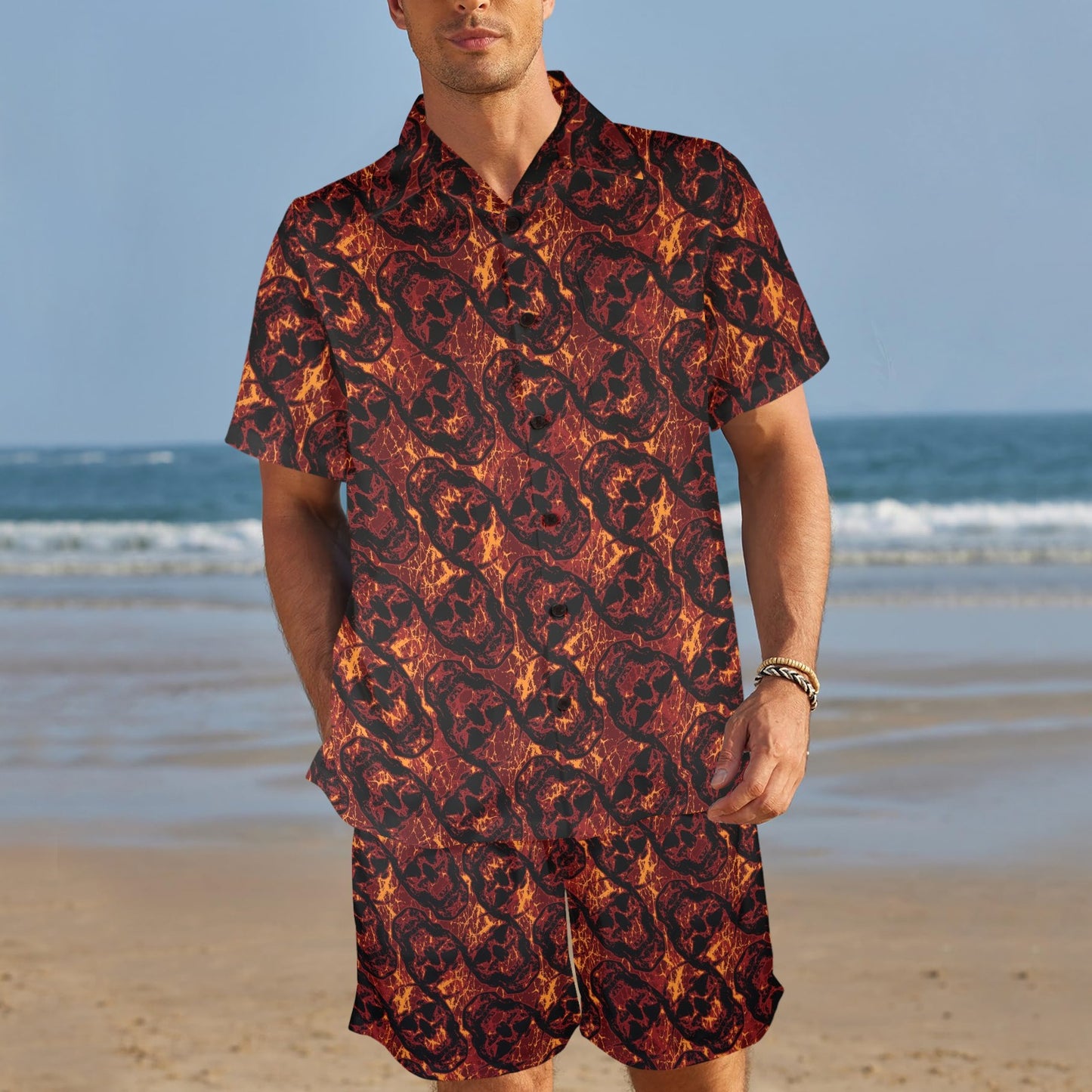 flaming skulls Design Print Pattern JJ0178 Men's Beach Shirt and Shorts Set
