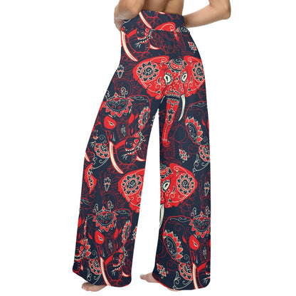 Red Indian Elephant Pattern Women's Wide Leg Lounge Pants