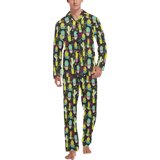 Cactus Neon Style Print Pattern Men's Long Pajama Set
