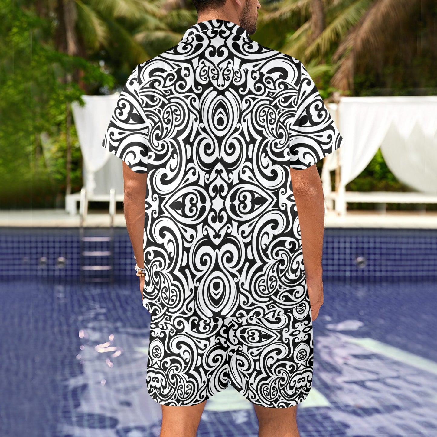 Polynesian Tattoo Pattern Men's Beach Shirt and Shorts Set