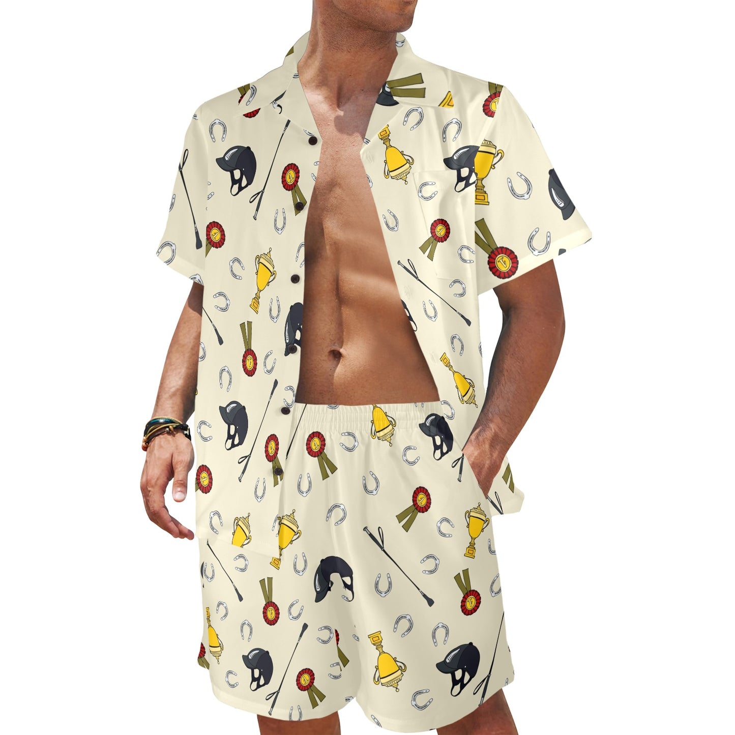 Equestrian Horseshoe Equipment Men's Beach Shirt and Shorts Set