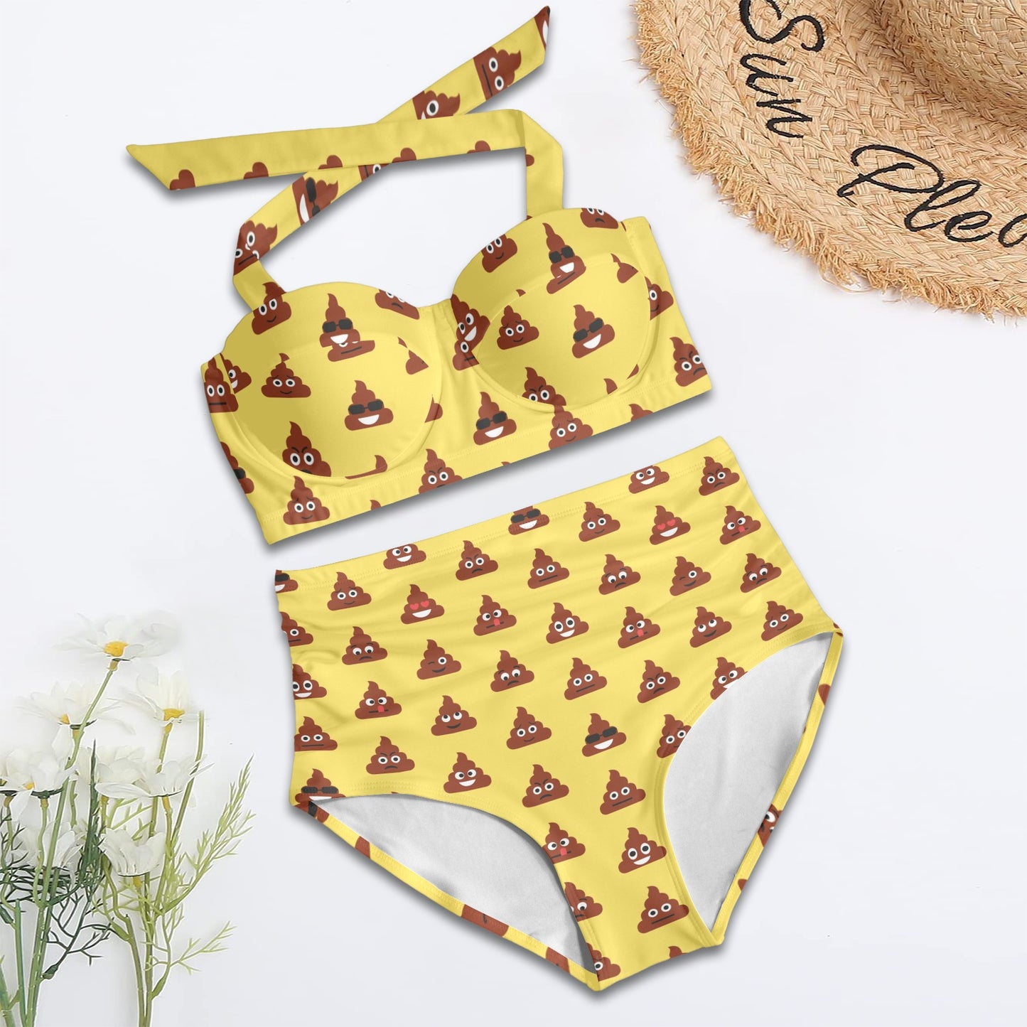 Emoji Poop Print Pattern Halter Neck Bikini Swimsuit