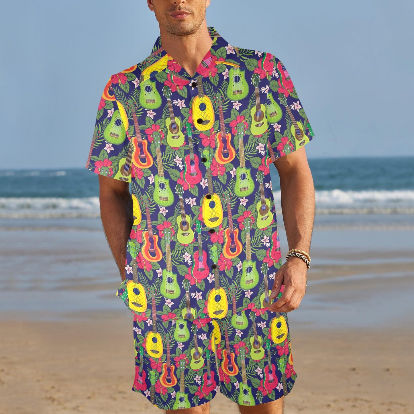 Ukulele Tropical Pattern Print Design 03 Men's Beach Shirt and Shorts Set