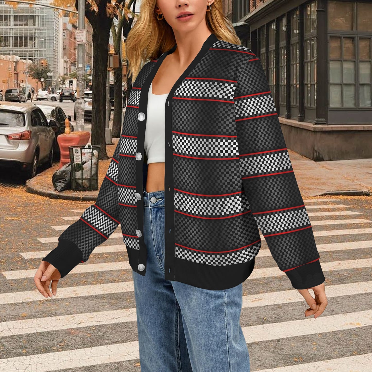 Checkered Flag Red Line Style Women's Cardigan