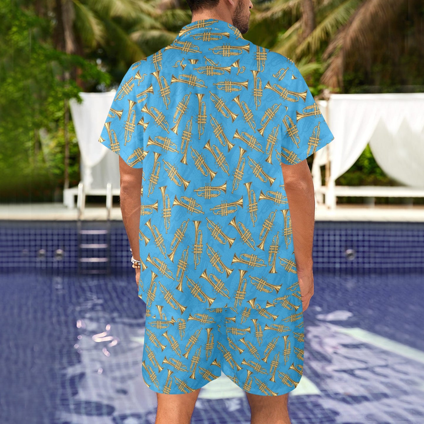 Trumpet Golden Pattern Themed Print Men's Beach Shirt and Shorts Set