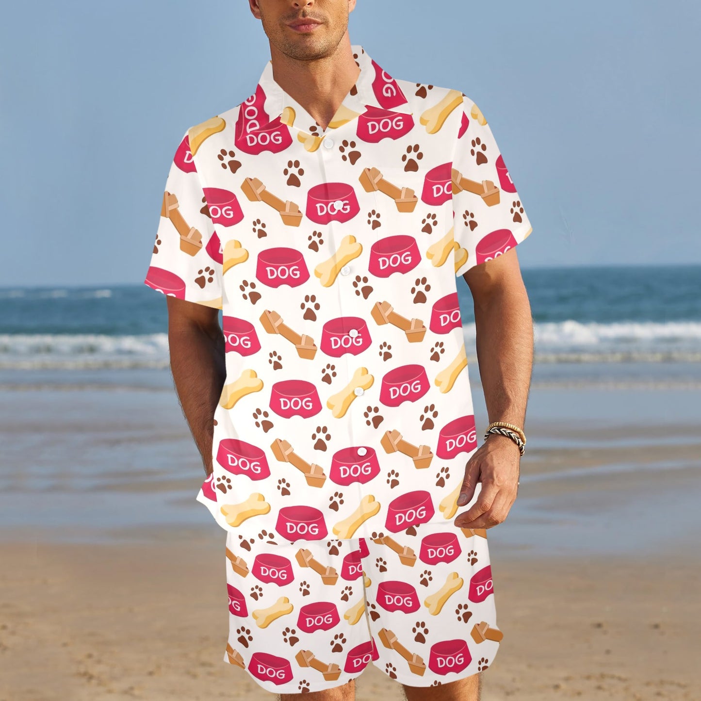 Dog paw bone Design Print Pattern JJ0119 Men's Beach Shirt and Shorts Set