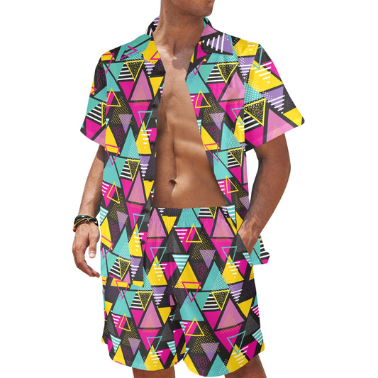 Geometric Colorful Pattern Print Design 02 Men's Beach Shirt and Shorts Set